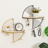 Decorative  gold metal wire wall multi floating shelf with wood ball hooks for display