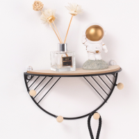 Decorative gold metal wire wall multi floating shelves with wood ball hooks for display